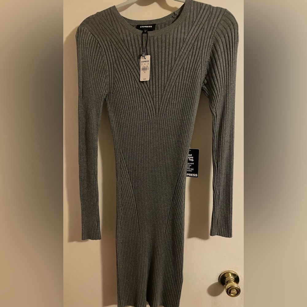 Express Long Sleeve Ribbed Dress in Gray